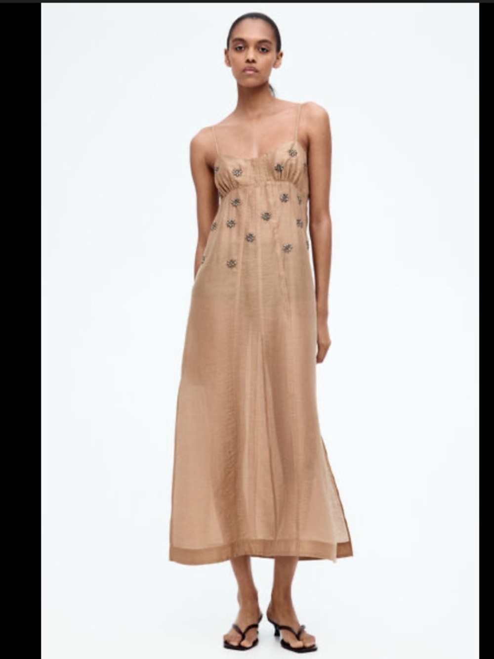 H&M Edition Embellished Maxi Dress Tan Brown Sleeveless Spaghetti Strap XS